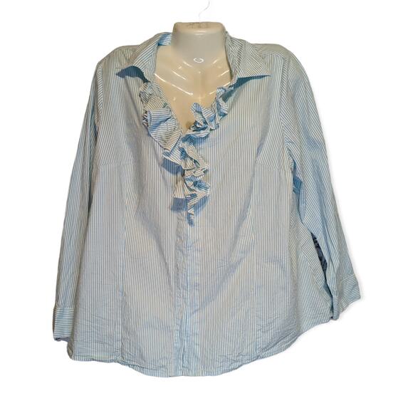 Lane Bryant Light Blue White Striped 3/4 Sleeve Ruffled Collared Blouse 20 - Picture 1 of 7
